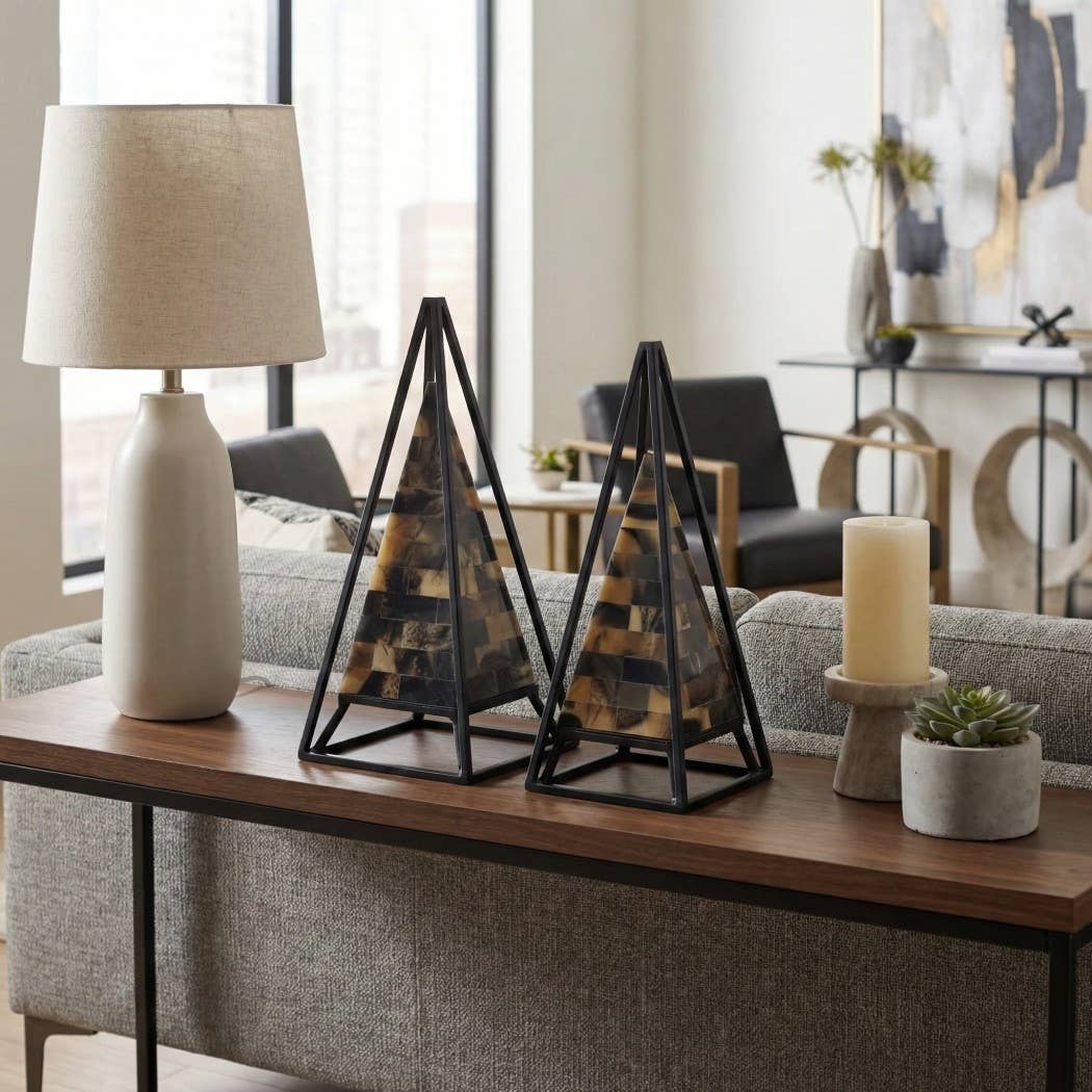 Sculptures Set of 2 - Black/Brown Metal Pyramid, 13/12 in.