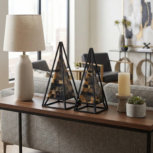 Sculptures Set of 2 - Black/Brown Metal Pyramid, 13/12 in.