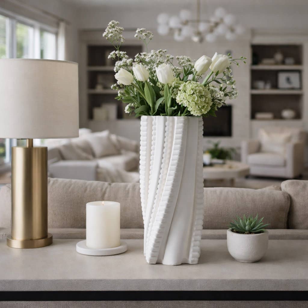 Decorative Vase - Ivory Ceramic Twisted 3D Printed, 15 in.