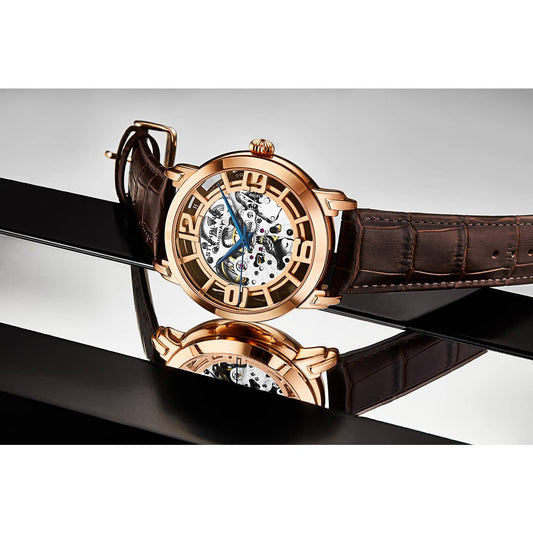 Stuhrling Original Winchester 3964L Men's Automatic Skeleton Watch, 42mm, Brown Alligator Embossed Genuine Leather Strap