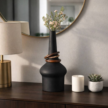 Decorative Vase - Black Metal Wood Bead Rings, 21 in.