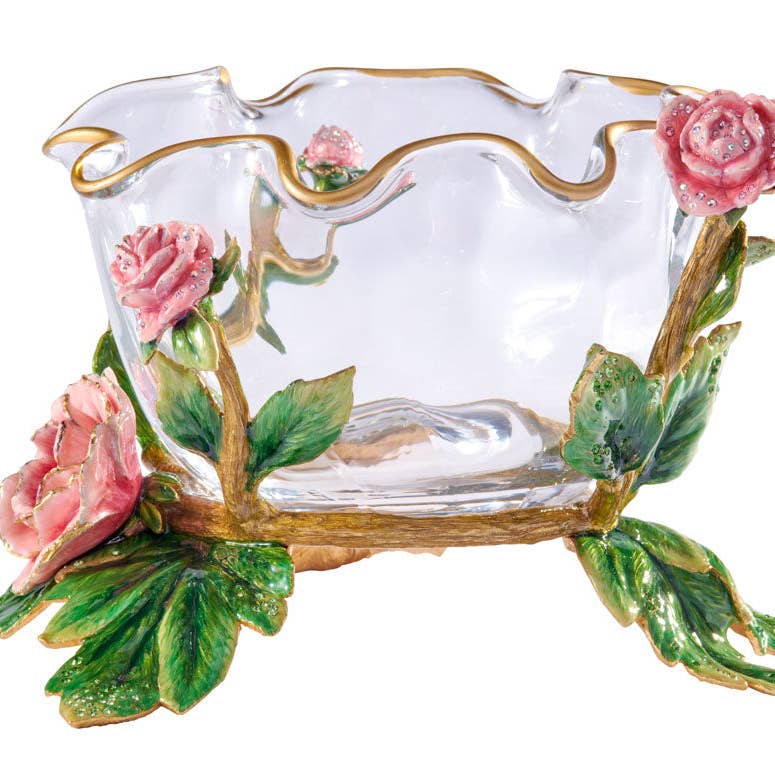 Jay Strongwater Holly Peony Ruffle Enamel Gold-Finished Pewter Decorative Bowl