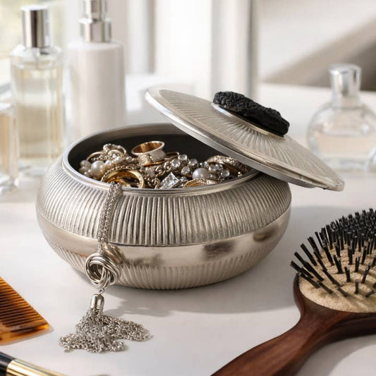 Decorative Box - Silver Metal with Stone Accent, 6 in.