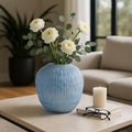Decorative Vase - Blue Glass Carved Ribbed Pattern, 11 in.