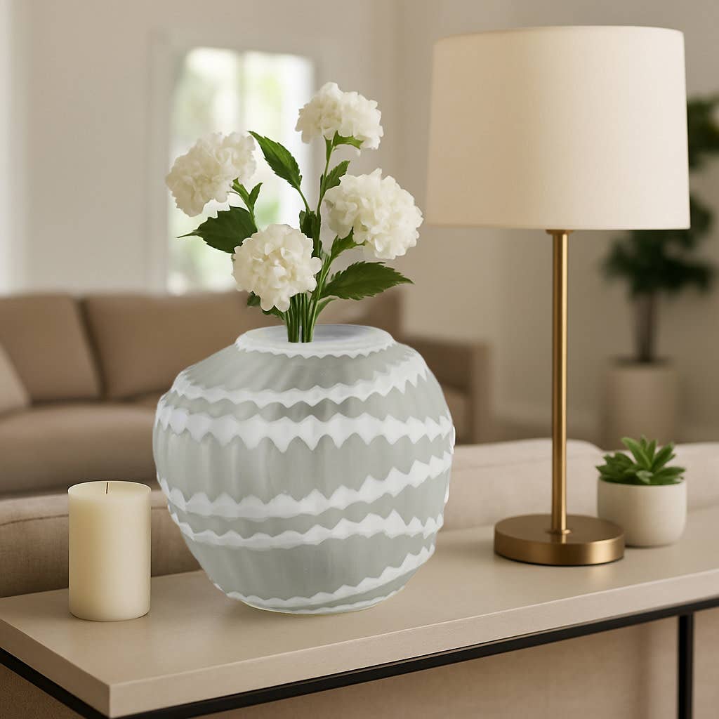Decorative Vase - White Glass Vertical Strip Pattern, 11 in.