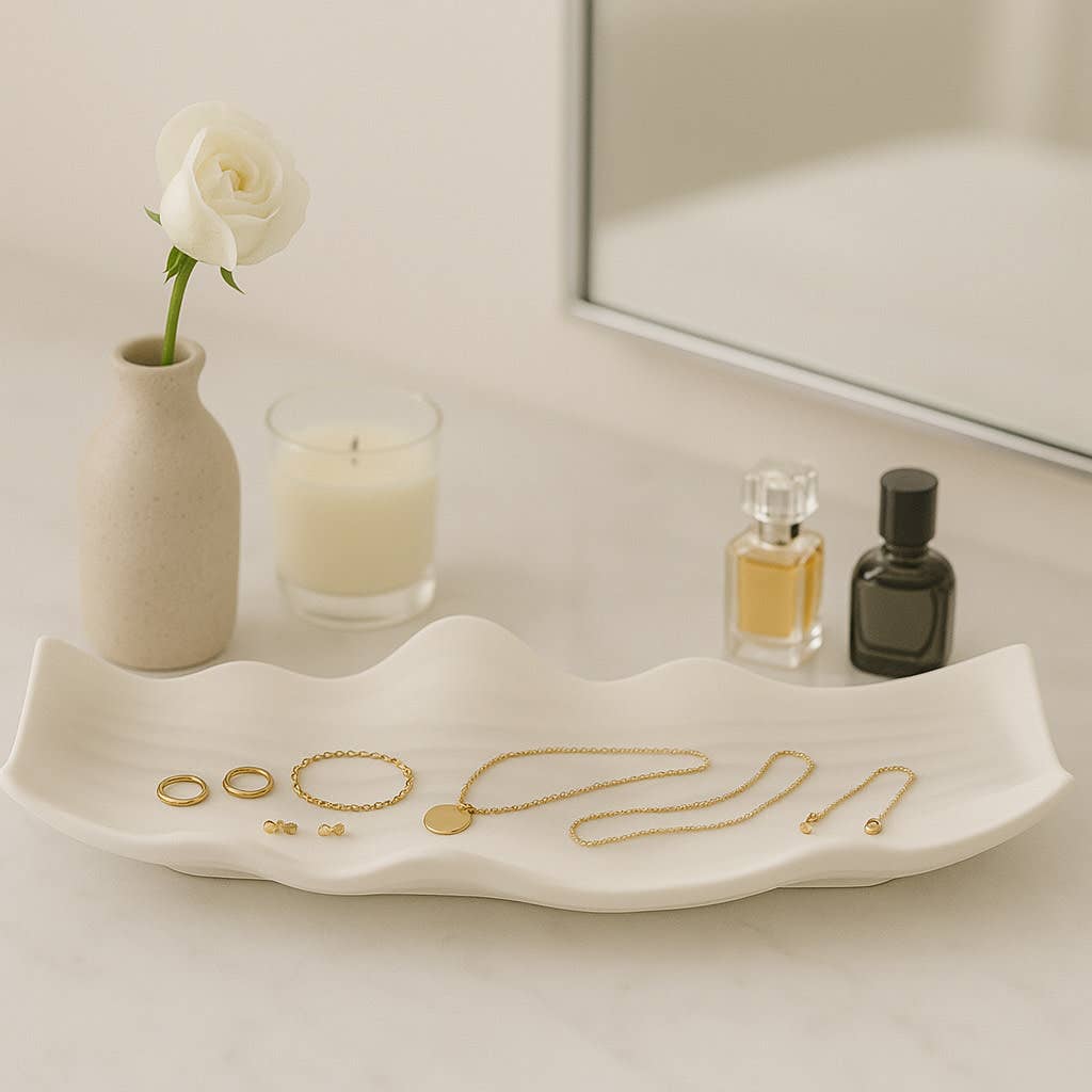 Tray - Ivory Porcelain Wavy Abstract Oversized, 20 in.