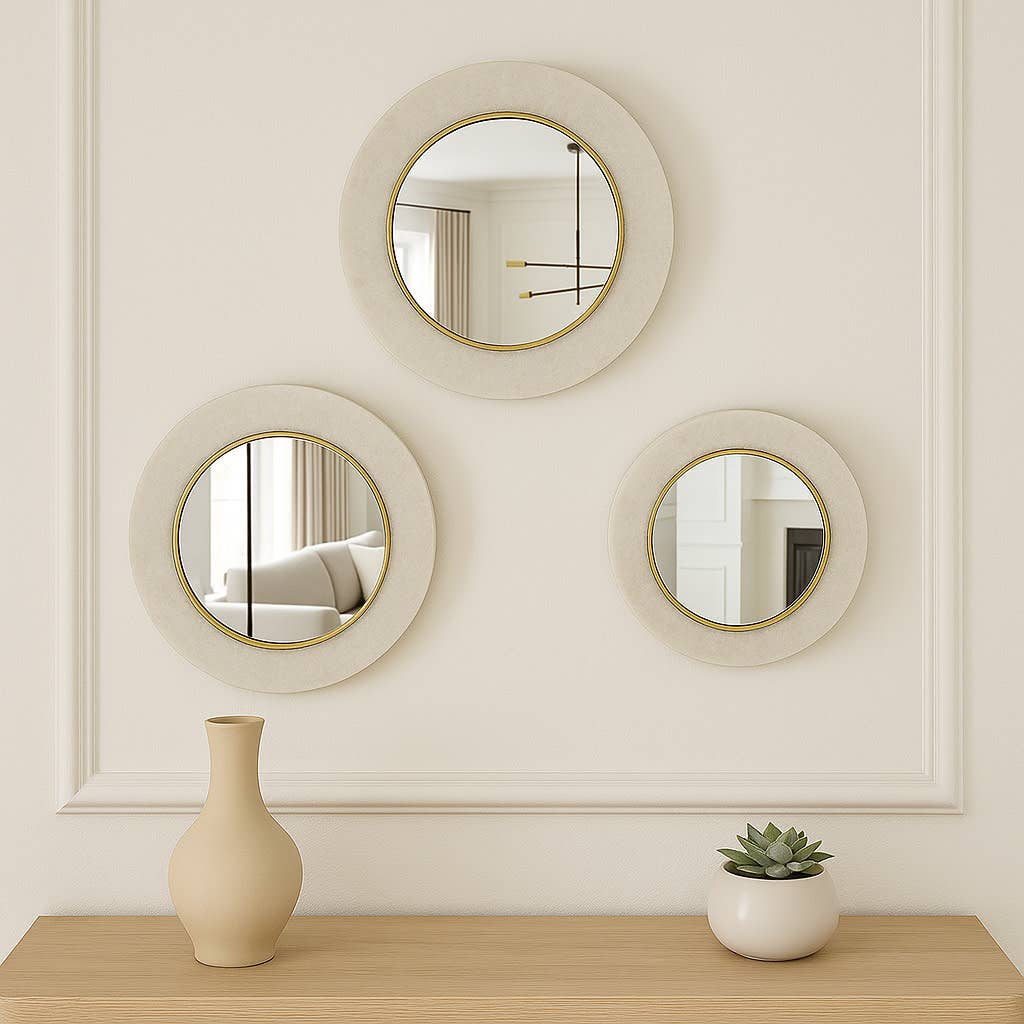 Wall Mirror Set of 3 - White Glass Rounded, 18/14/12 in.