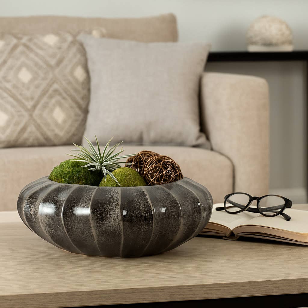 Decorative Bowl - Black Ceramic Round Ribbed, 14 in.