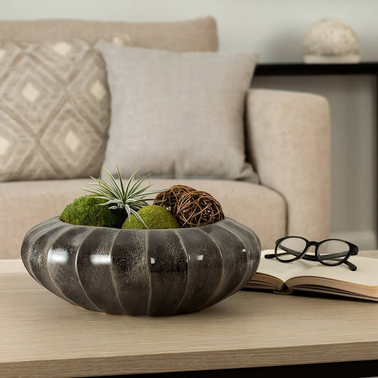 Decorative Bowl - Black Ceramic Round Ribbed, 14 in.
