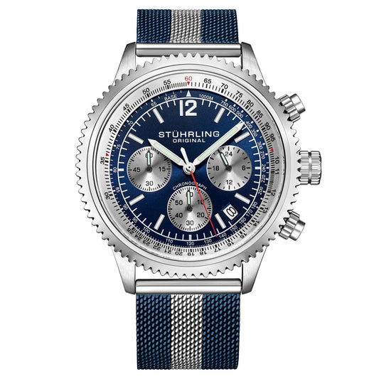Stuhrling Original Monaco Men's Chronograph Watch, 44mm, Blue Dial, Silver Bezel