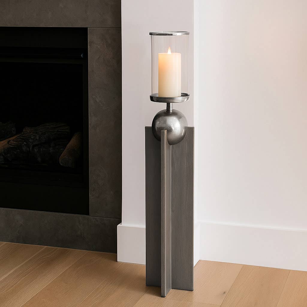 Candle Holder - Gray Wood Pillar with Metal Sphere, 42 in.