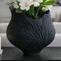Decorative Vase - Black Porcelain 3D Printed Carved, 16 in.