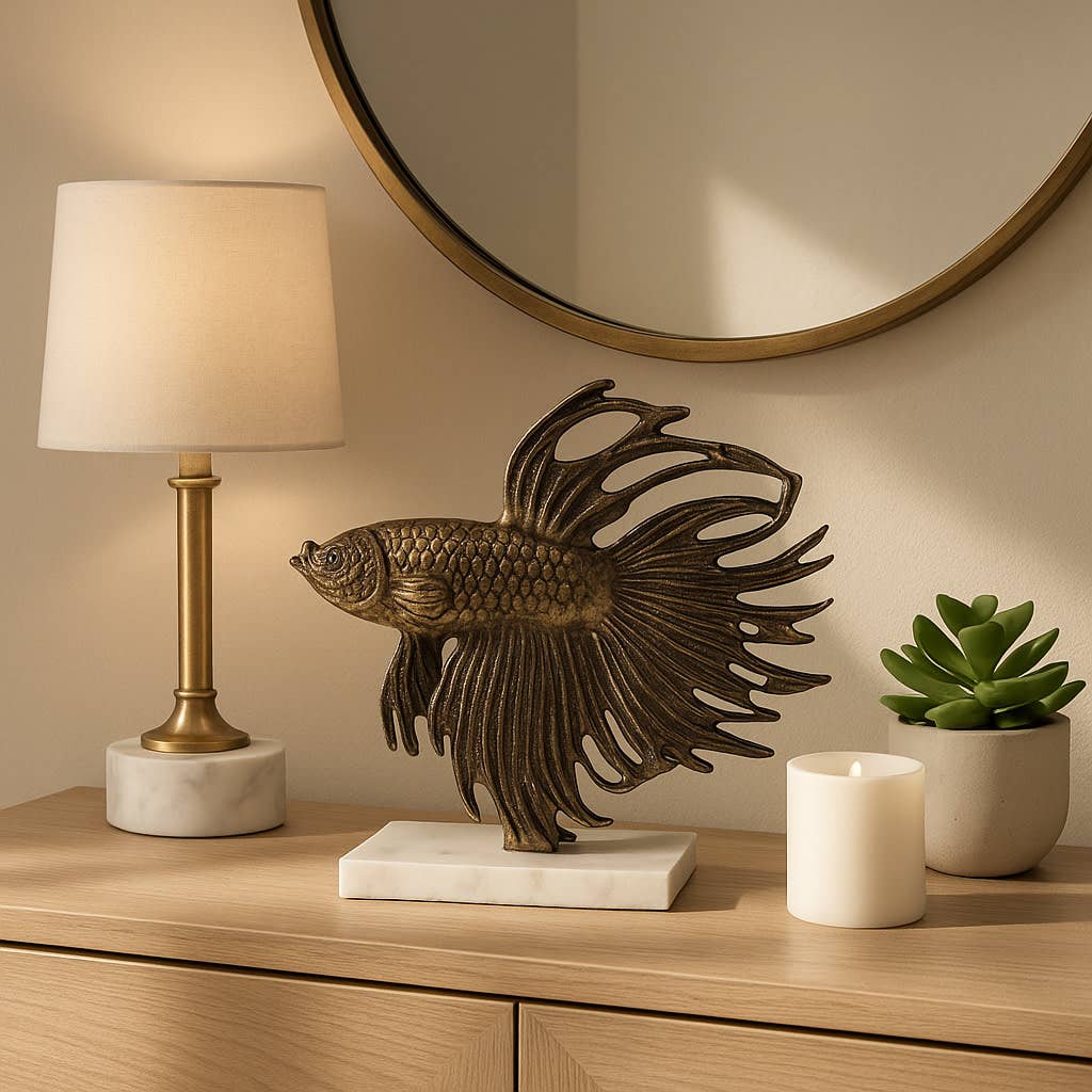 Sculpture - Gold Metal Accomac Fish On Marble Stand, 10 in.