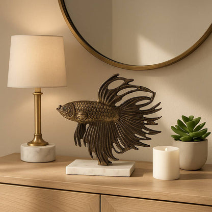Sculpture - Gold Metal Accomac Fish On Marble Stand, 10 in.