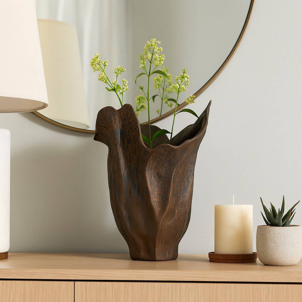 Decorative Vase - Brown Porcelain Sculptural Flower, 16 in.