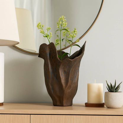 Decorative Vase - Brown Porcelain Sculptural Flower, 16 in.