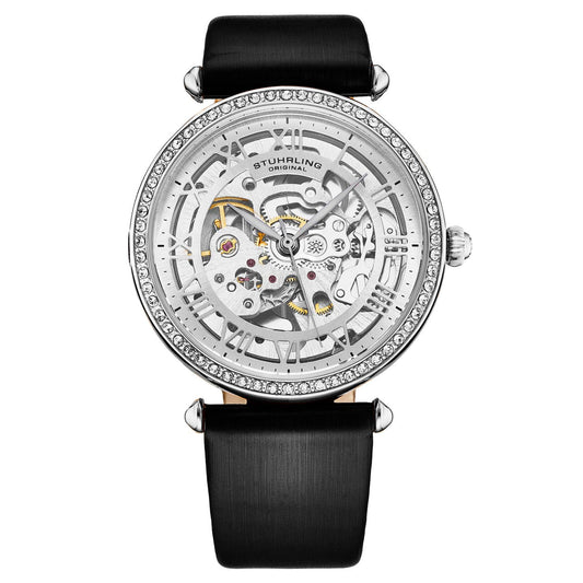 Stuhrling Original Luxe 4022 Women's Automatic Watch, 38mm, Black Leather Strap, Skeleton Dial