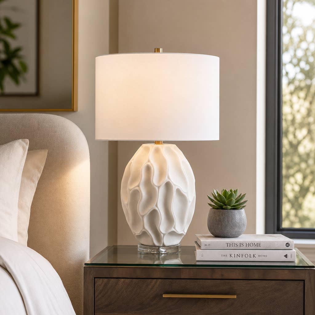 Table Lamp - White Stone Sculpted Textured Base, 27 in.