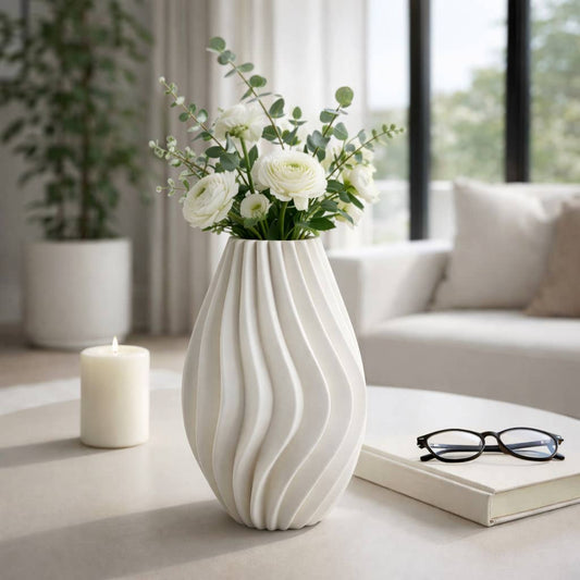 Decorative Vase - Ivory Porcelain Vertical Ribbed, 13 in.