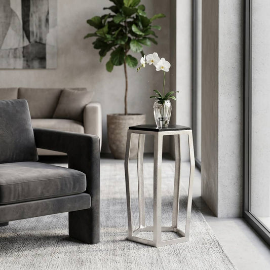 Side Table - Black Glass Top with Silver Metal Base, 26 in.