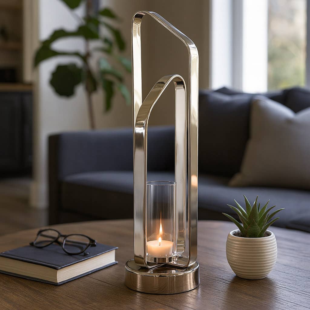 Candle Holder - Silver Metal Stylish Hurricane, 21 in.