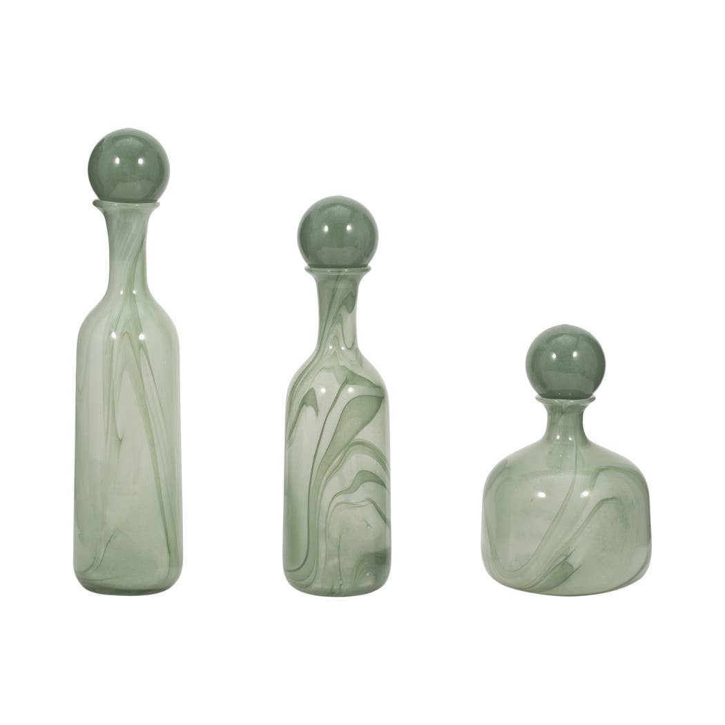 Vases Set of 3 - Green Glass Lidded Bottles, 12/17/19 in.