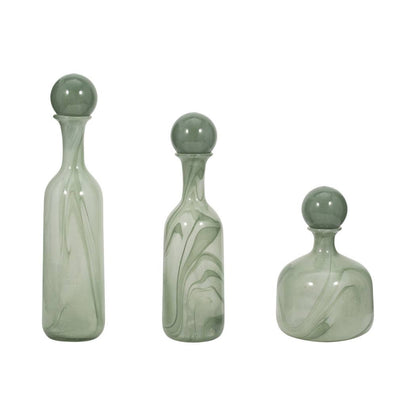 Vases Set of 3 - Green Glass Lidded Bottles, 12/17/19 in.