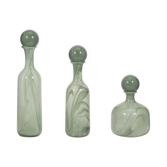 Vases Set of 3 - Green Glass Lidded Bottles, 12/17/19 in.