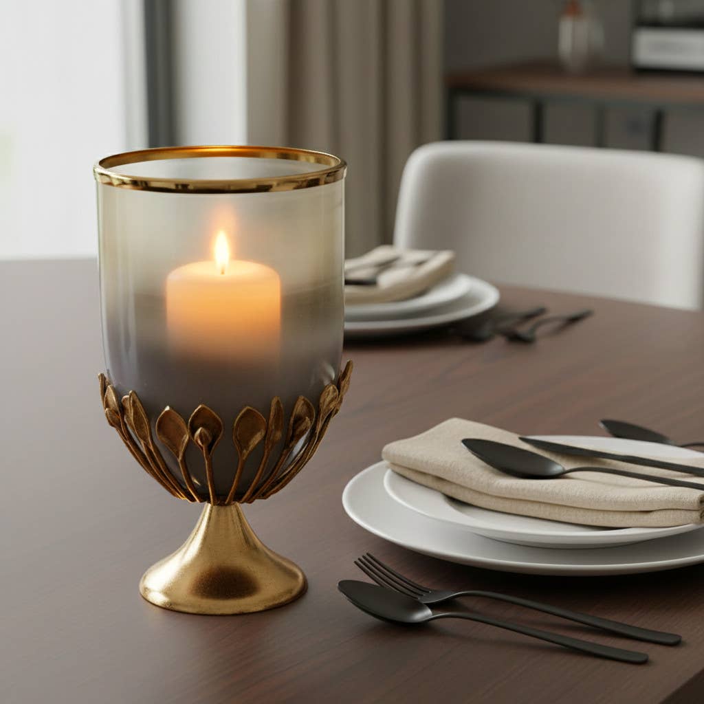 Candle Holder - Gold Glass Metal Frame Hurricane, 19 in.