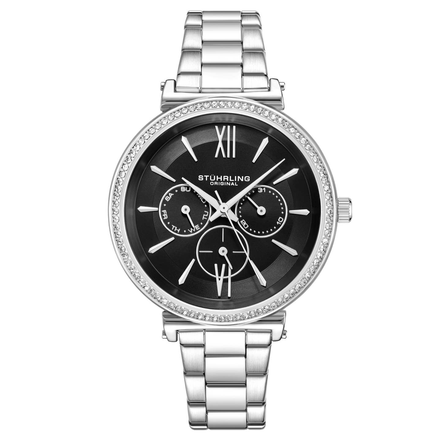 Stuhrling Original Aria 3908 Women's Quartz Watch, 40mm, Black Dial, Silver-Tone Stainless Steel Bracelet, Multifunction Display