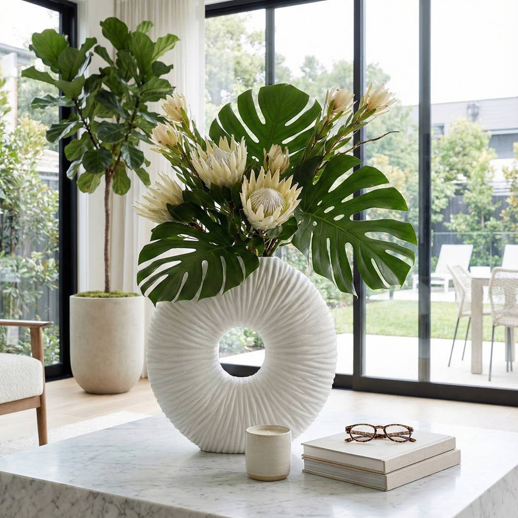 Decorative Vase - White Resin Unique Ribbed Round, 21 in.