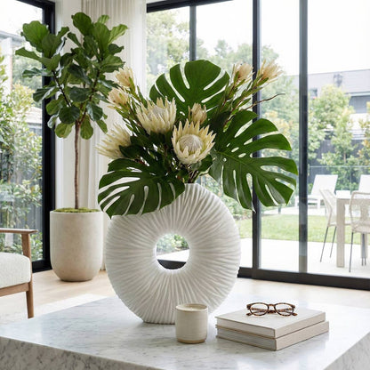 Decorative Vase - White Resin Unique Ribbed Round, 21 in.