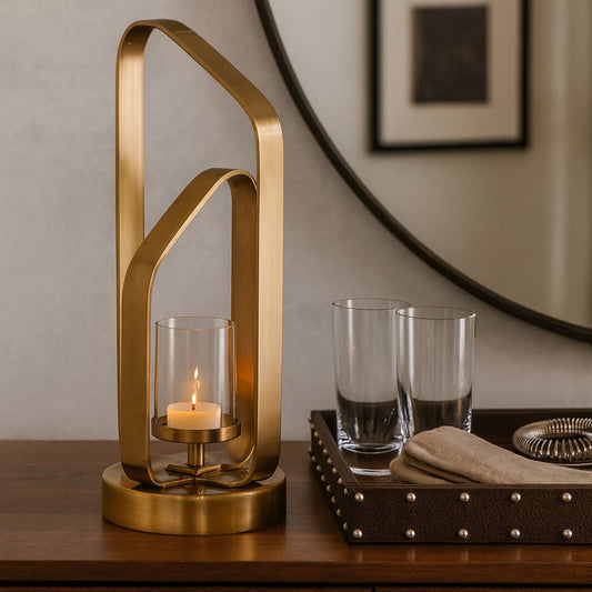 Candle Holder - Gold Metal Stylish Hurricane, 17 in.
