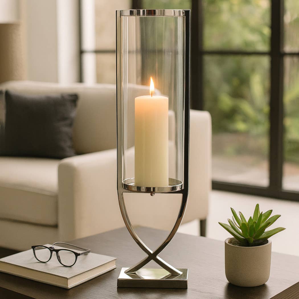 Candle Holder – Silver Metal Glass Cylindrical Pillar, 31 Inch
