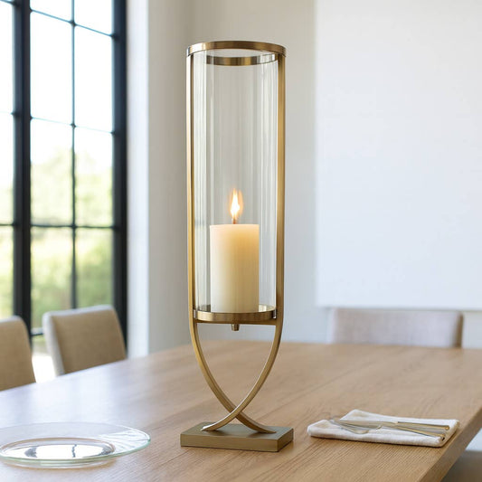 Candle Holder - Gold Metal Glass Cylindrical Pillar, 31 in.