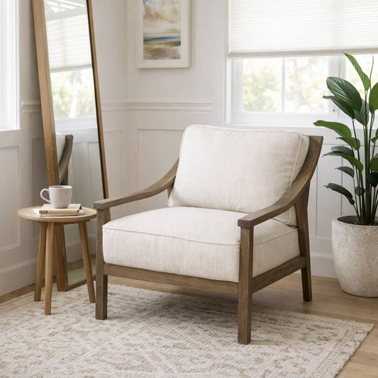 Accent Chair - Ivory Polyester with Wood Frame, 33 in.