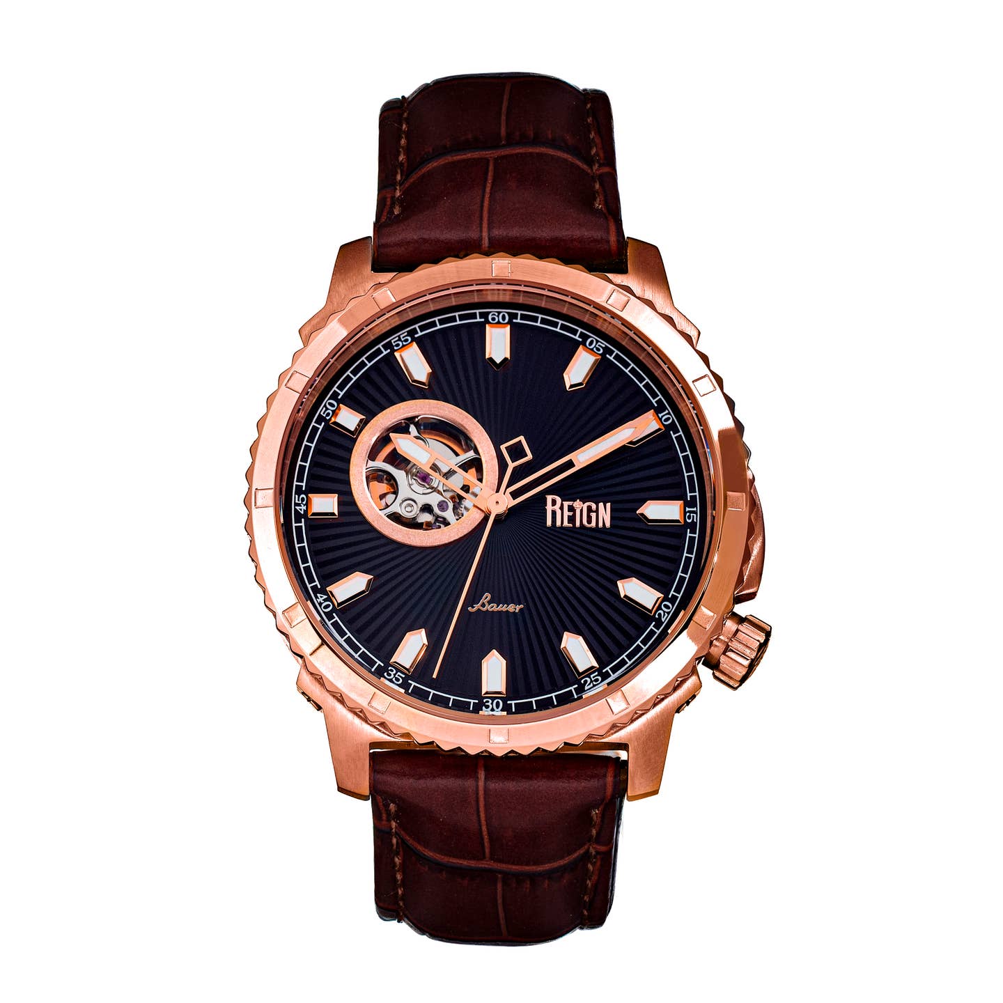Reign Bauer Men's Automatic Semi-Skeleton Leather Watch