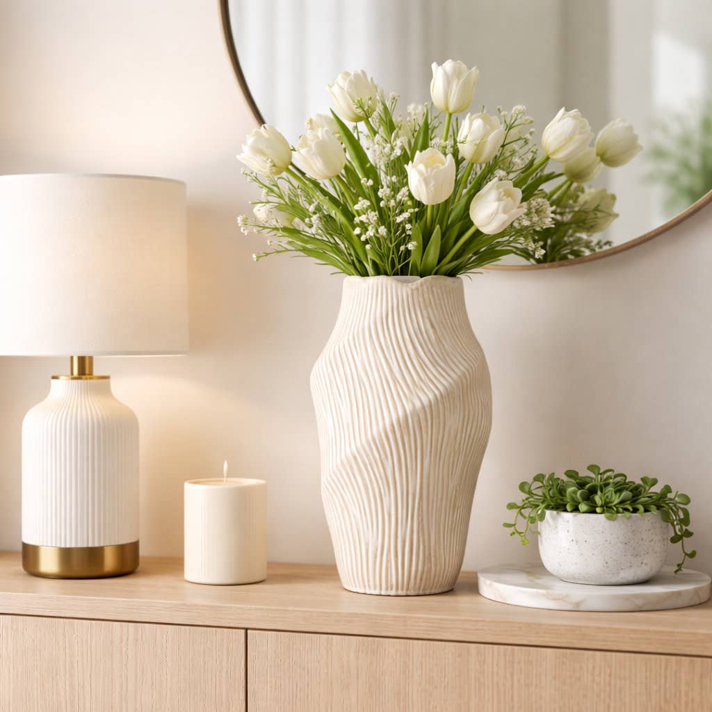 Decorative Vase - Beige Ceramic Sculptural Hollow, 17 in.