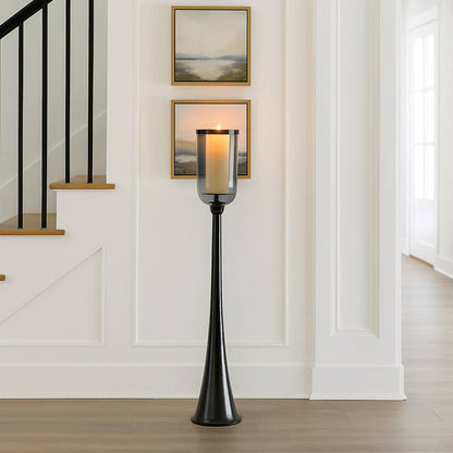 Candle Holder - Black Metal Frame Glass Hurricane, 43 in.