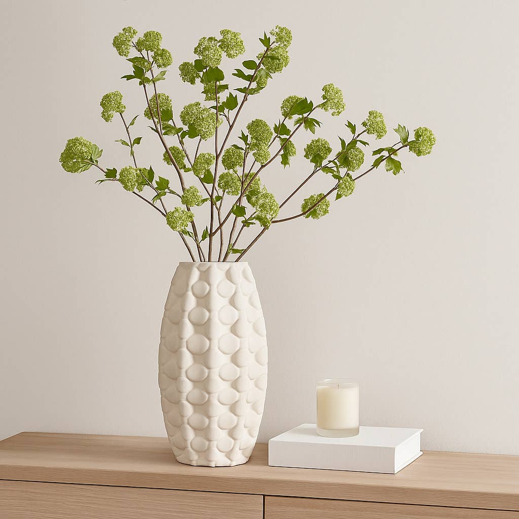 Decorative Vase - Beige Porcelain 3D Printed Design, 15 in.
