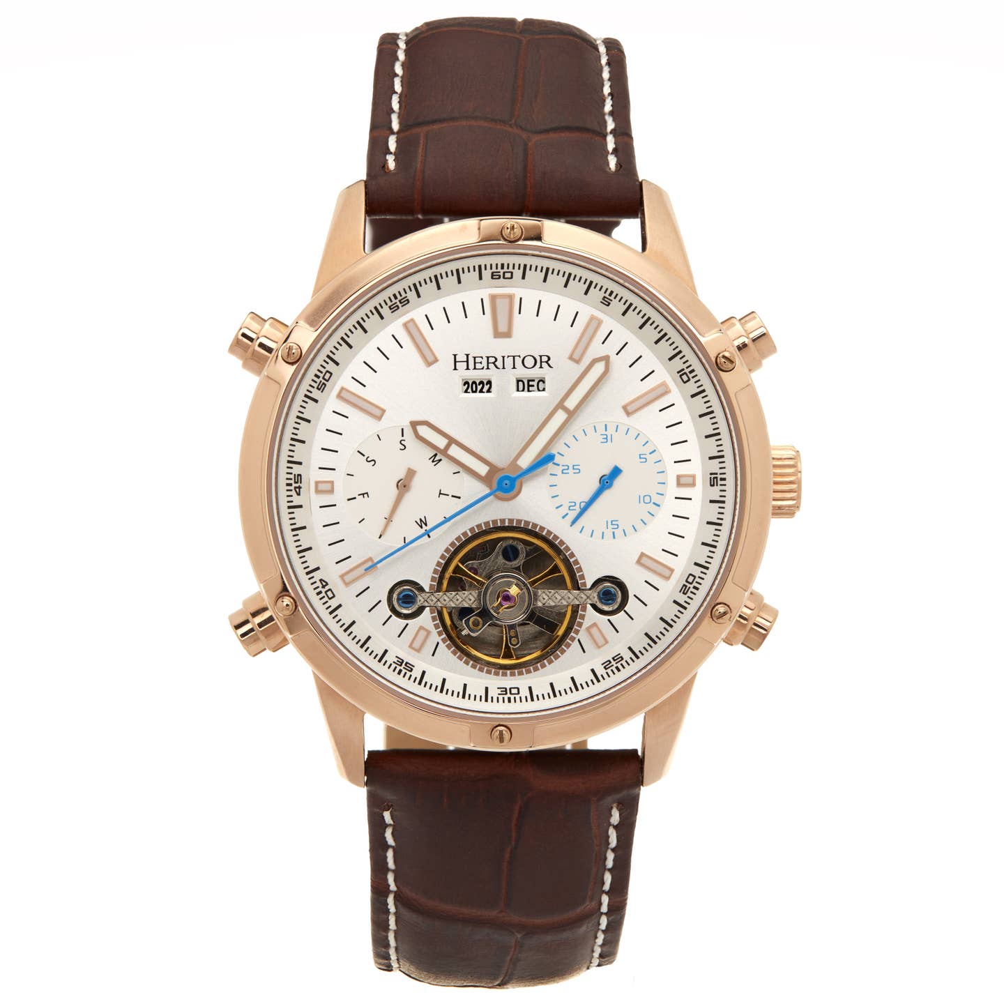 Heritor Wilhelm Men's Automatic Semi-Skeleton Leather Watch, Brown/Rose Gold