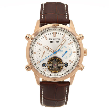 Heritor Wilhelm Men's Automatic Semi-Skeleton Leather Watch, Brown/Rose Gold