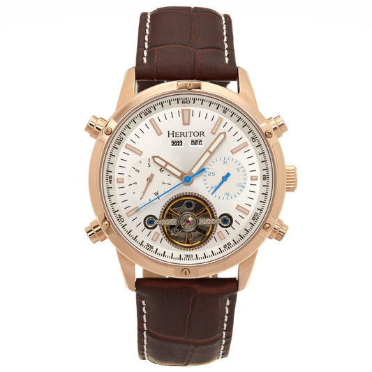 Heritor Wilhelm Men's Automatic Semi-Skeleton Leather Watch, Brown/Rose Gold