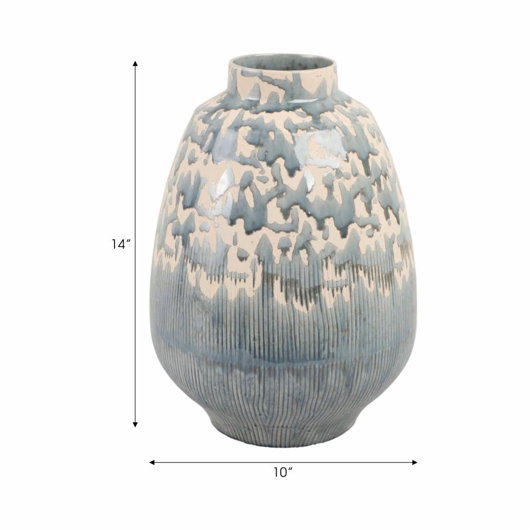 Decorative Vase - Gray/Blue/Ivory Earthenware Rounded Layered Glaze