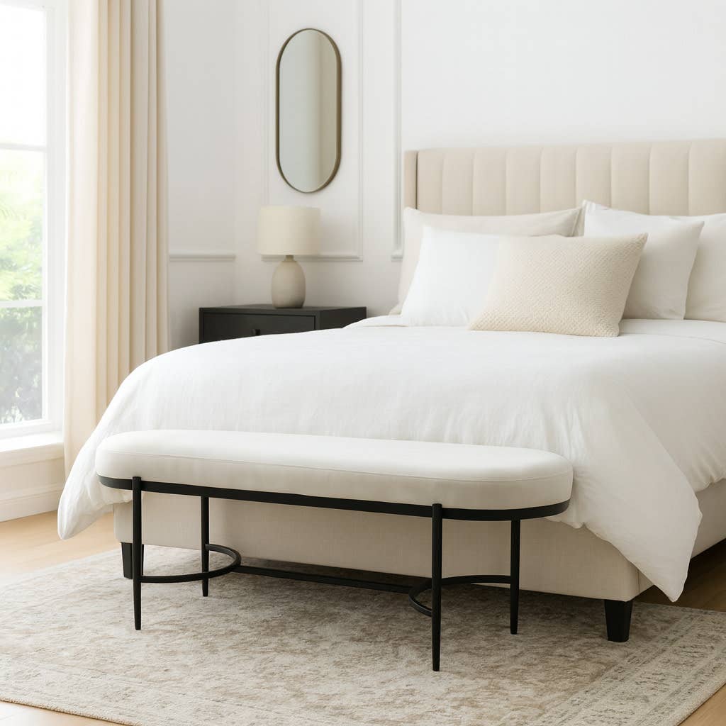 Bench - Cream Velvet Upholstered Metal Base Frame, 48 in.