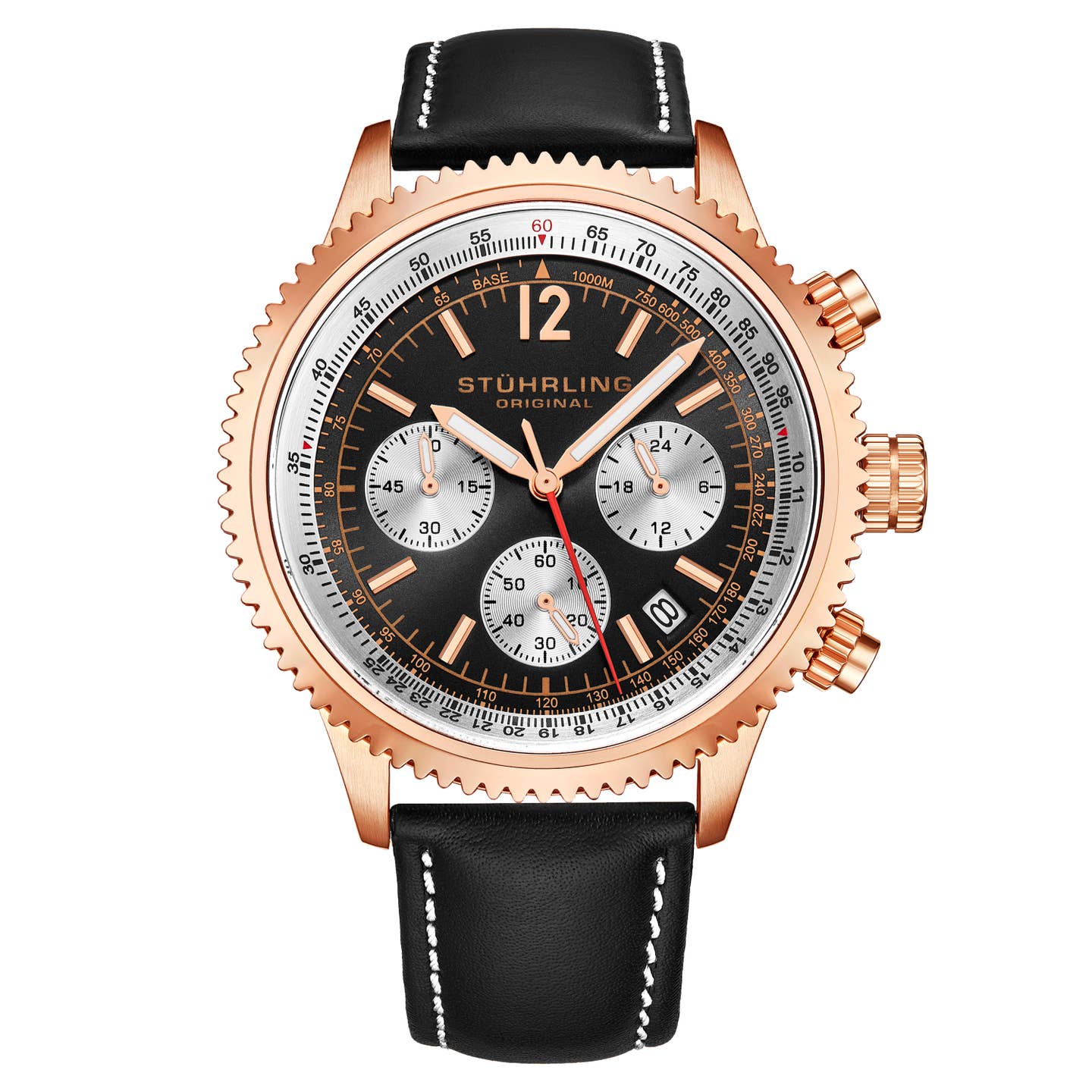 Stuhrling Original Monaco Men's Chronograph Watch, 44mm, Black Dial, Black Leather Strap With White Contrast Stitching