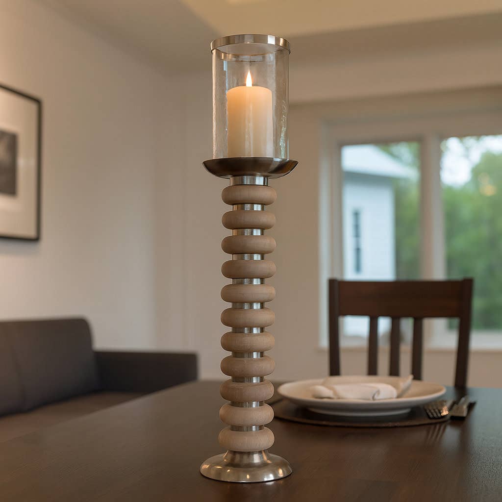 Candle Holder - Grey Wood Pillar with Ring Base, 25 in.