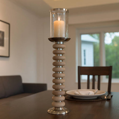 Candle Holder - Grey Wood Pillar with Ring Base, 25 in.