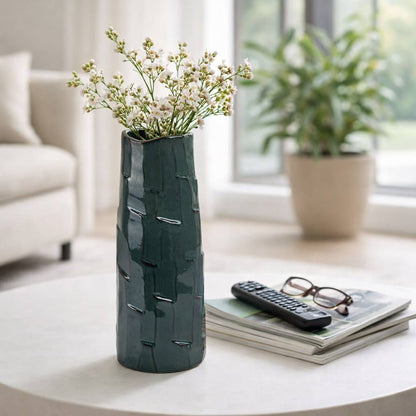 Decorative Vase - Blue Ceramic Sculpted Textured, 14 in.