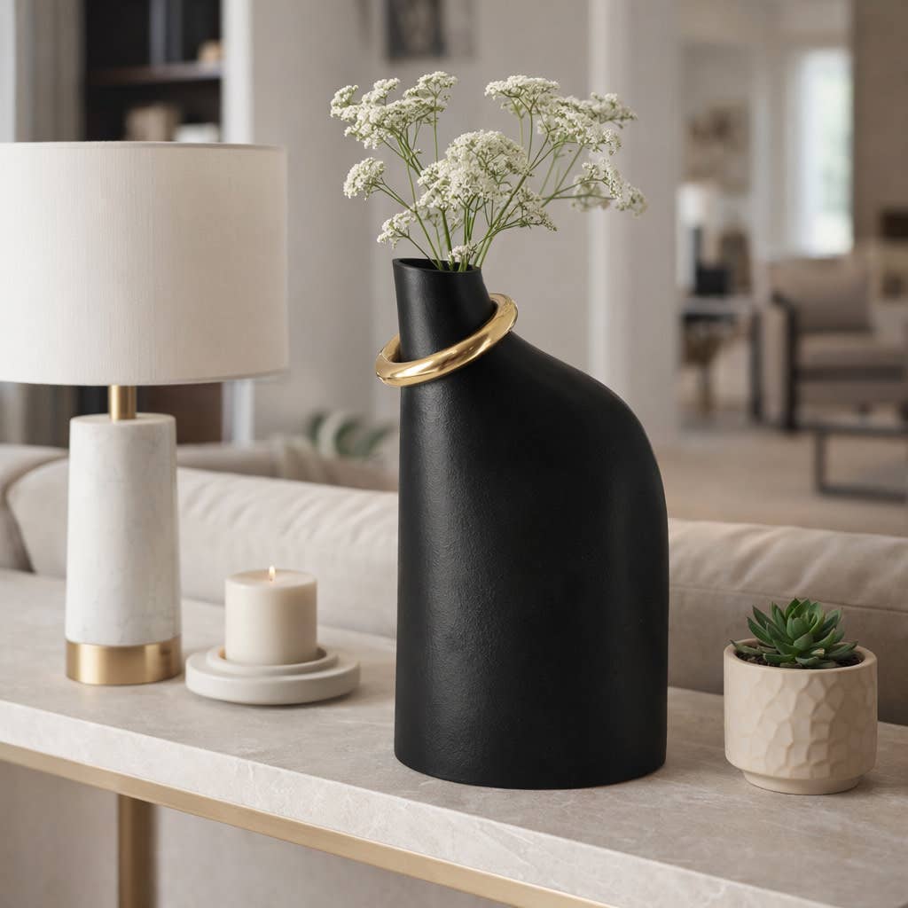 Decorative Vase - Black Ceramic Sculptural Ring, 18 in.